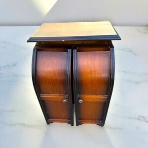 Vtg 70s Maple 3 Tier Dual Cabinets Yellow Velvet Lined Vanity Top Jewelry Box